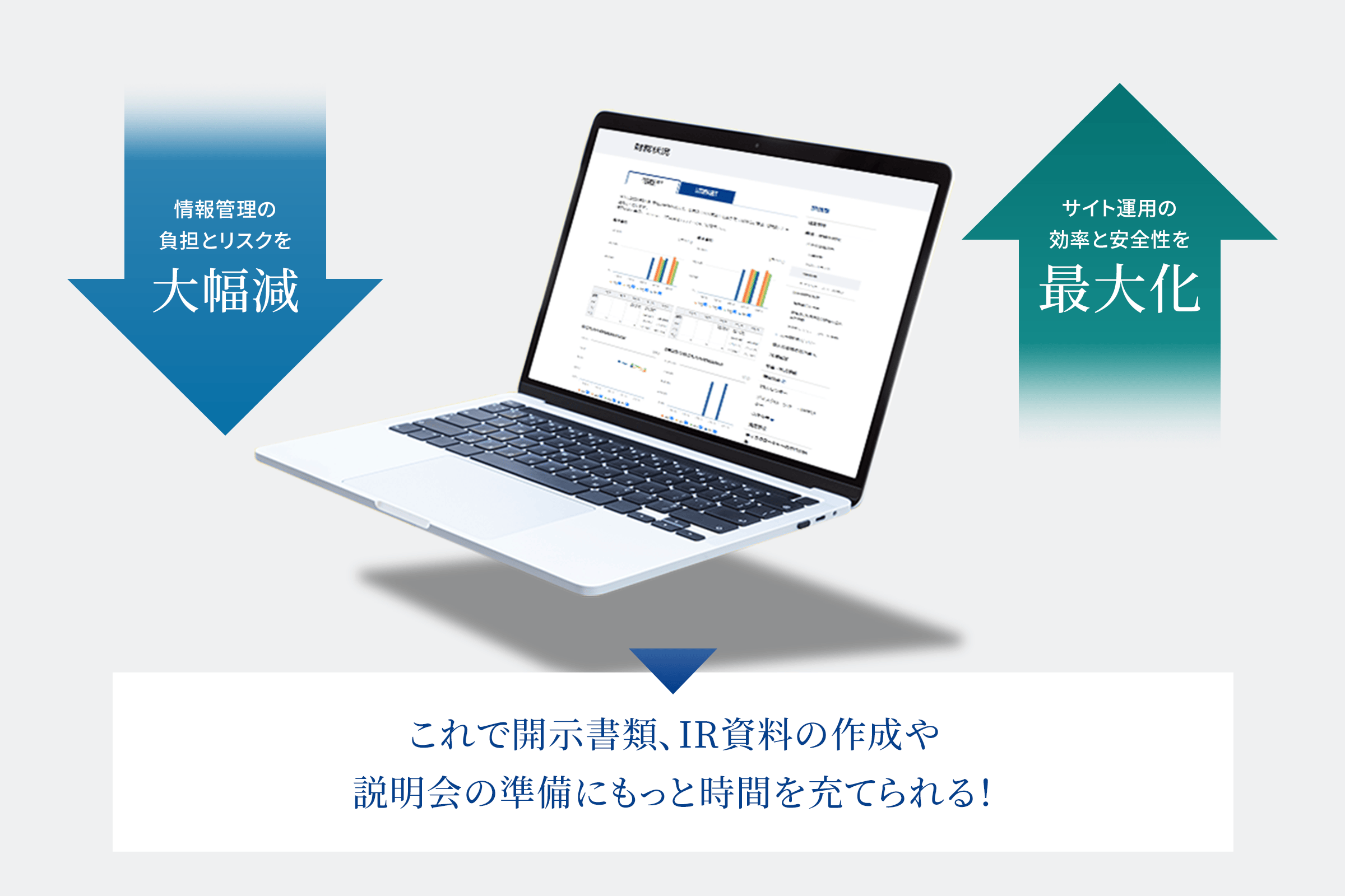 情報管理の負担とリスクを大幅減, サイト運用の効率と安全性を最大化, これで開示書類、IR資料の作成や説明会の準備にもっと時間を充てられる!